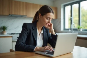 Femme utilisant son ordinateur pour consulter son compte Crédit Agricole