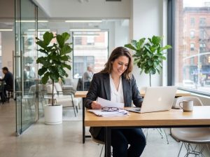 Femme professionnelle assise à un bureau moderne en coworking