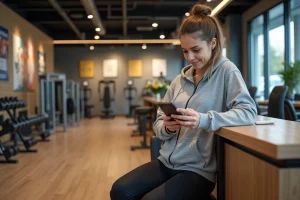 Femme assise au gym checkant son smartphone