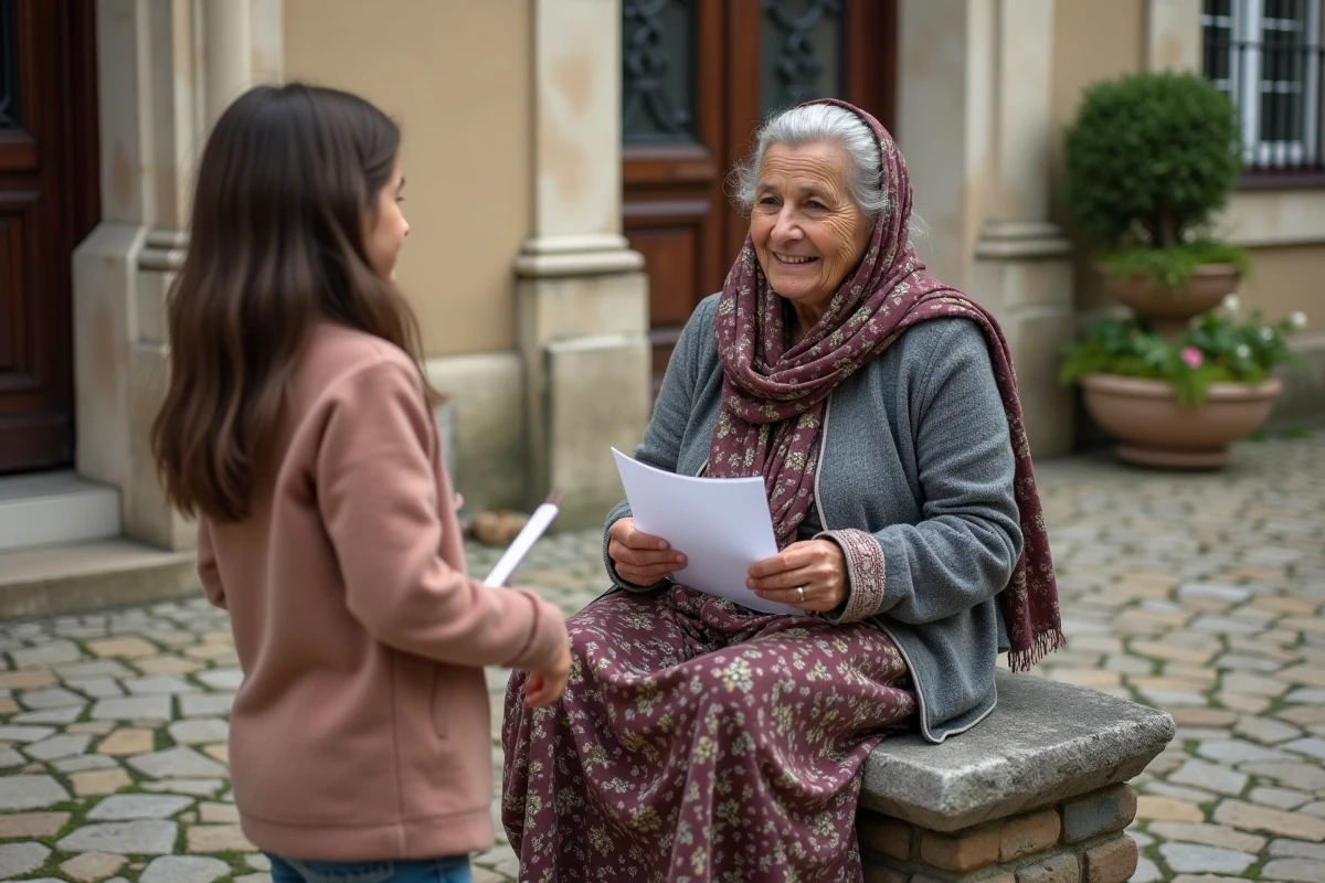 Femme romani âgée avec documents et enfant dehors