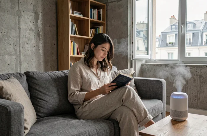 Femme lisant dans son salon avec un ionisateur d'air posé sur la table basse d'un appartement parisien