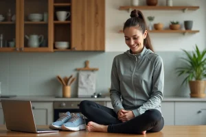 Jeune femme en tenue de sport souriante devant son ordinateur