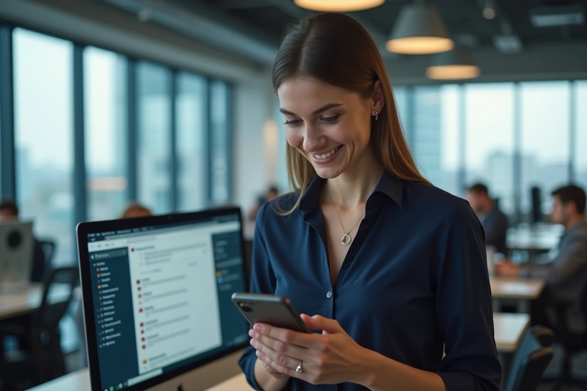 Femme souriante utilisant son smartphone dans un bureau moderne