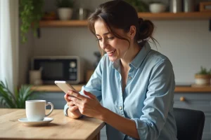 Femme souriante avec smartphone dans une cuisine lumineuse