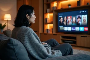 Femme regardant une plateforme de streaming sur sa télévision dans un salon moderne et cosy