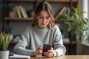 Femme vérifiant une transaction sécurisée sur smartphone lors d'un achat en ligne sur Vinted