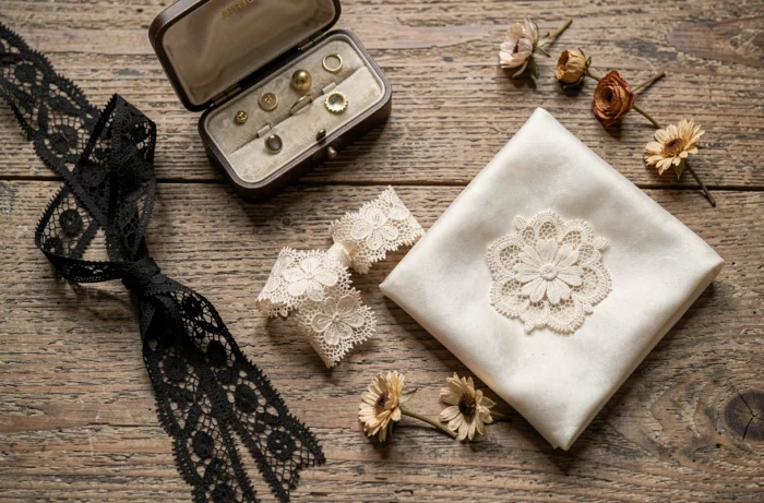 Flat lay d'accessoires en dentelle noire et ivoire sur une table en chêne — bracelet, broche et ruban