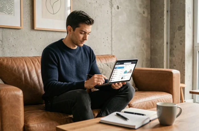 Homme gérant l'automatisation de contenu sur les réseaux sociaux via une tablette dans un appartement moderne