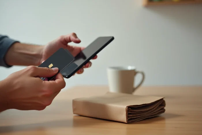 Gros plan sur un paiement sécurisé par carte et smartphone pour un achat sur une plateforme de revente comme Vinted