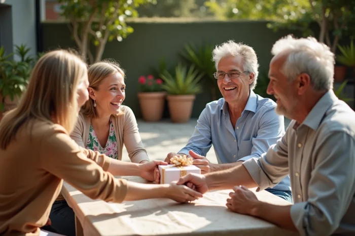 Groupe d'amis offrant une carte et un cadeau à une personne fêtant ses 50 ans sur une terrasse