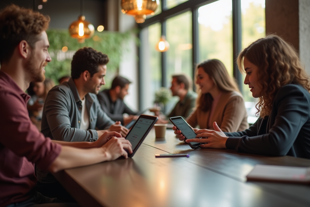 Groupe diversifié utilisant tablettes et smartphones au café