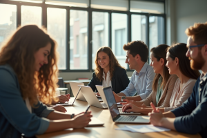 Groupe d'étudiants universitaires collaborant dans une salle lumineuse