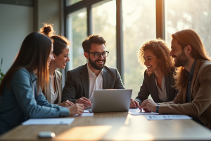 Groupe de professionnels collaborant autour d'une tablette