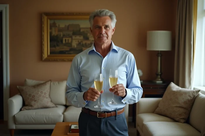 Homme posant avec une coupe de champagne dans un appartement aux apparences luxueuses mais révélant des signes discrets de faux semblants financiers