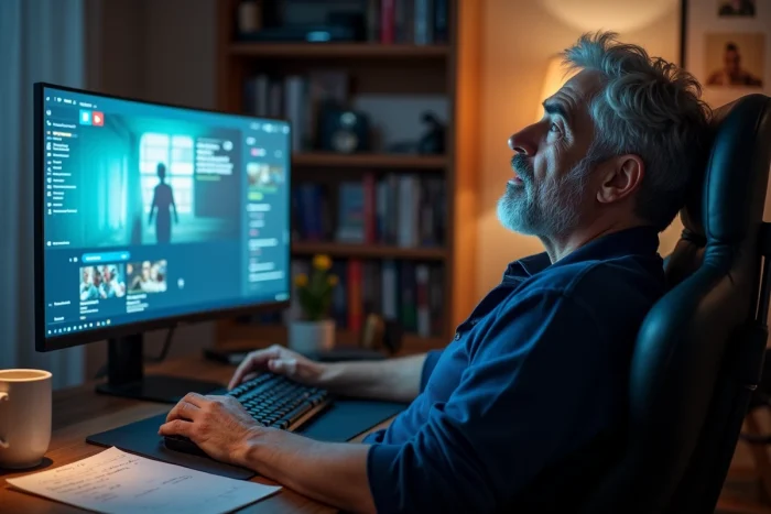Homme consultant une plateforme de streaming cinéma sur un moniteur dans un bureau à domicile
