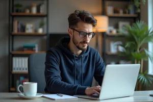 Homme concentré travaillant sur son ordinateur dans un bureau moderne