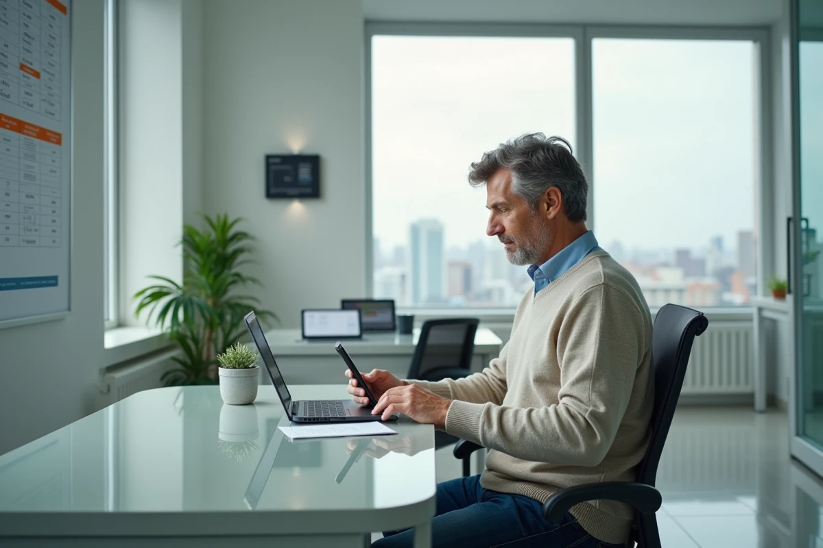 Homme au bureau regardant son smartphone avec concentration