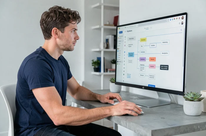 Homme consultant le plan du site Série Live sur un grand écran dans un bureau moderne à domicile