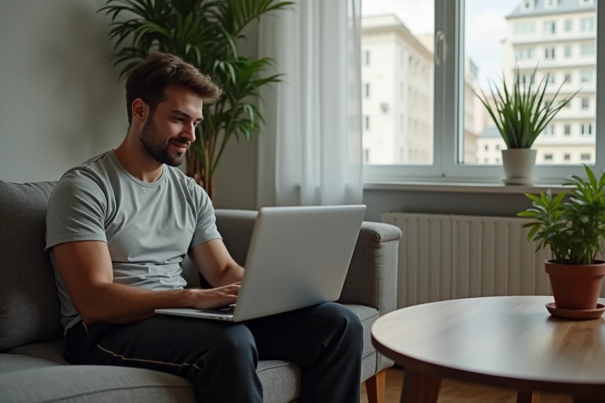 Jeune homme naviguant sur un site fitness à la maison