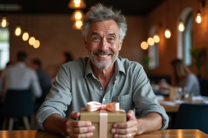 Homme d'une cinquantaine d'années ouvrant un cadeau emballé dans un restaurant lors de son anniversaire