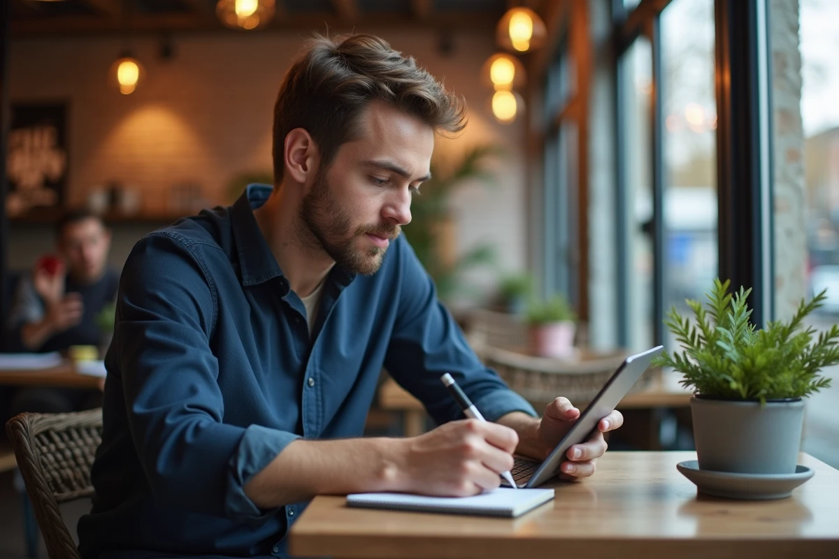 Homme prenant des notes dans un café animé et cosy