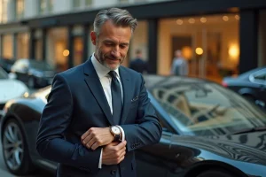 Homme en costume designer usé posant devant une voiture de luxe, illustrant les signes révélateurs des faux riches