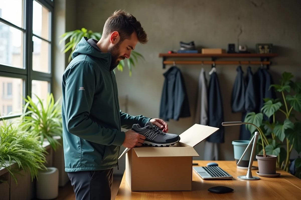 Homme vérifiant des chaussures de trail dans un appartement lumineux