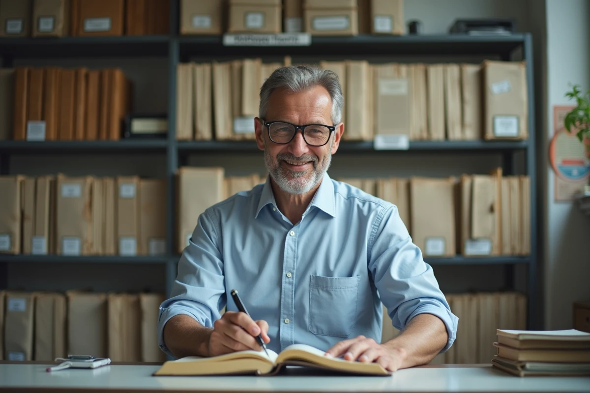 Homme en lecture dans un bureau d archives français