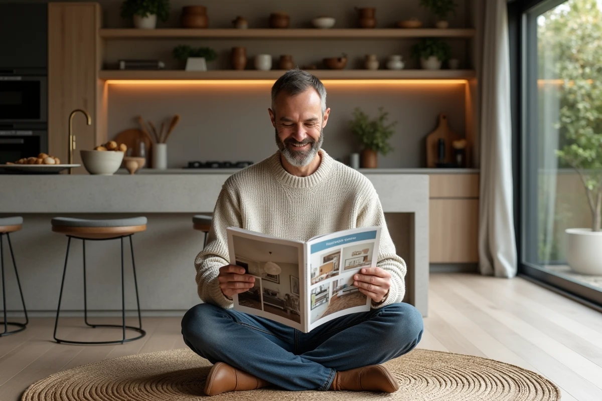 Homme lisant un magazine de décoration dans la cuisine