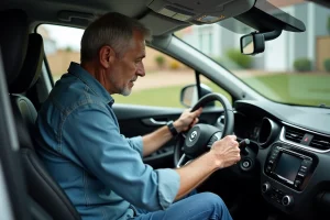 Homme d'âge moyen examine la voiture dans une allée résidentielle