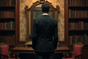 Homme en blazer noir devant un miroir ancien mystérieux