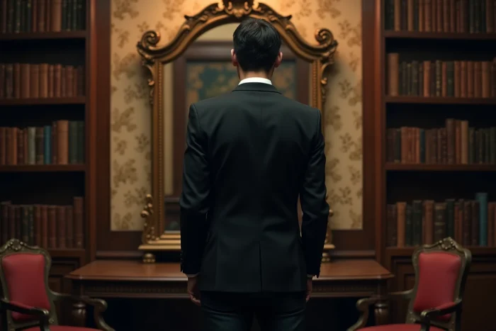 Homme en blazer noir devant un miroir ancien mystérieux