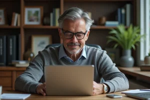 Homme d'âge moyen récupérant un email dans son bureau à domicile