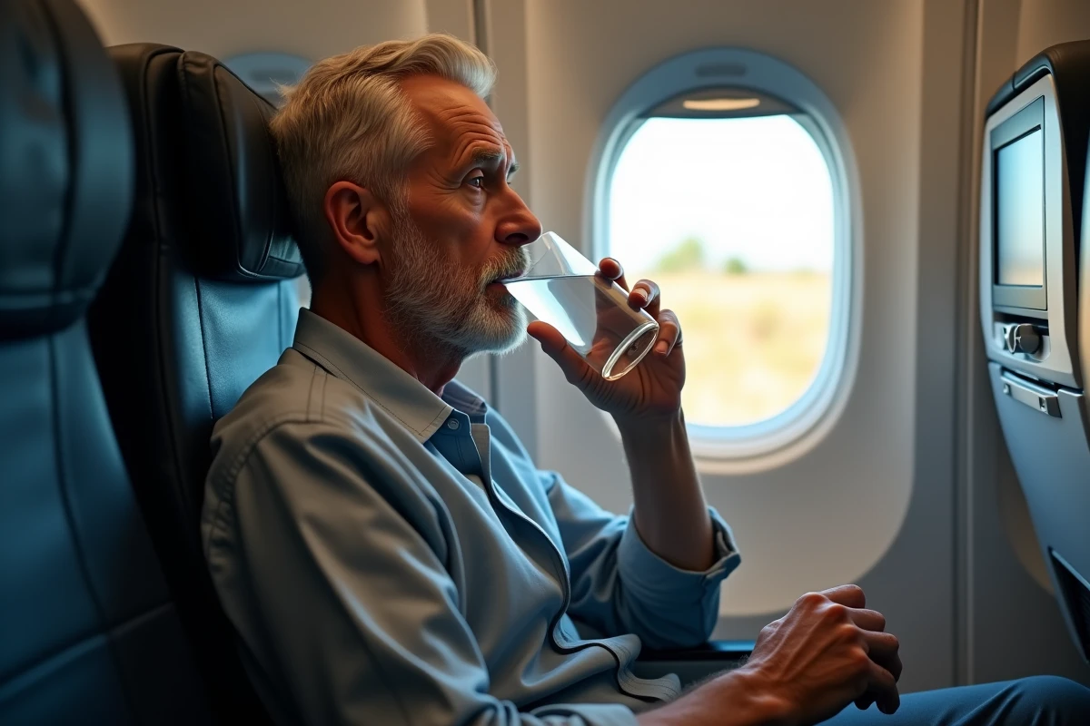 Homme d age moyen reposant contre la fenetre d avion