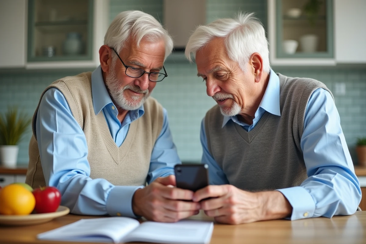 Homme senior montrant WhatsApp à un ami dans la cuisine