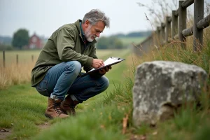 Homme en plein air examinant un terrain rural avec un carnet
