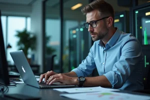 Homme d'âge moyen travaillant sur un ordinateur dans un bureau technologique