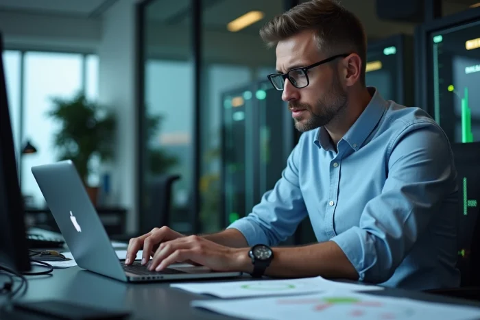 Homme d'âge moyen travaillant sur un ordinateur dans un bureau technologique