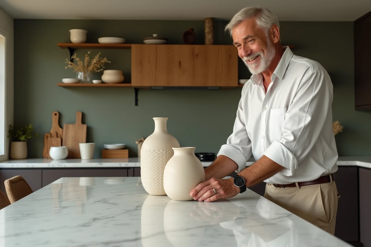 Homme arrangeant un vase en céramique dans la cuisine moderne