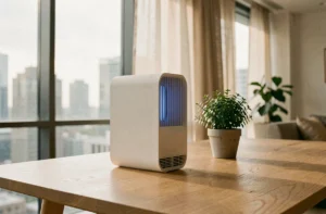 Ionisateur d'air blanc design posé sur un bureau en bois dans un appartement moderne avec vue sur la ville