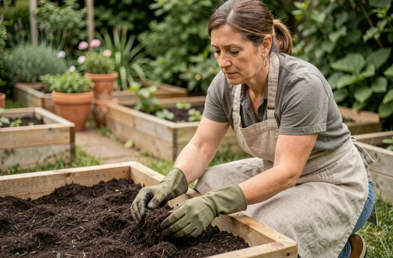 Jardinière mélangeant de la tourbe dans un bac de culture surélevé pour améliorer la qualité du sol