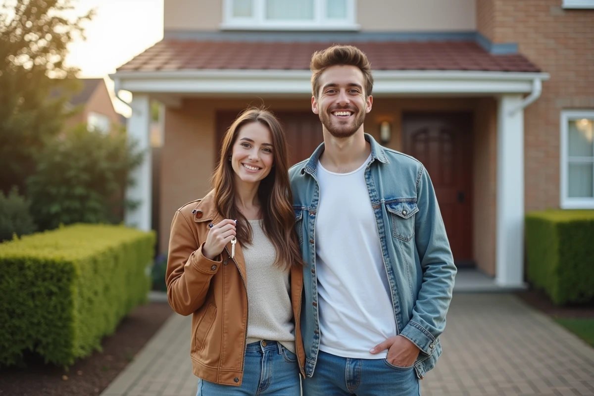 Jeune couple heureux devant une maison vendue