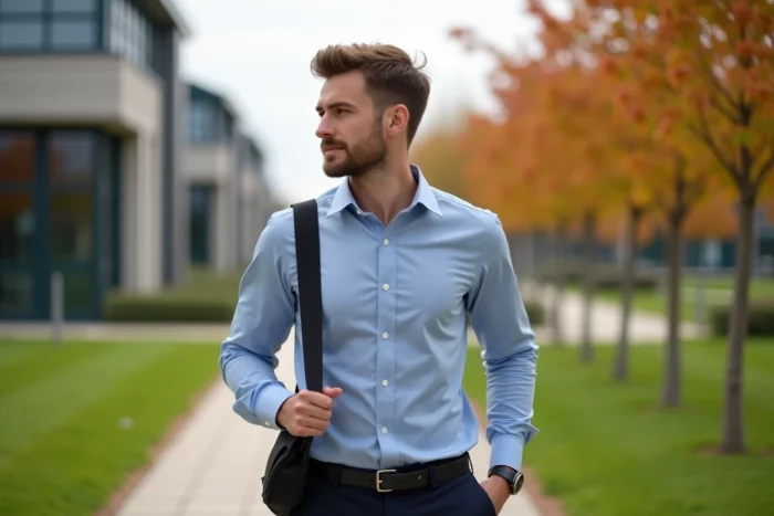Jeune entrepreneur marchant dans un parc technologique breton à Lannion, représentant l'attractivité économique et l'innovation en Bretagne