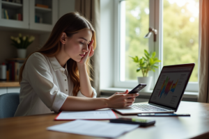 Jeune femme étudiant chez elle avec ordinateur et smartphone