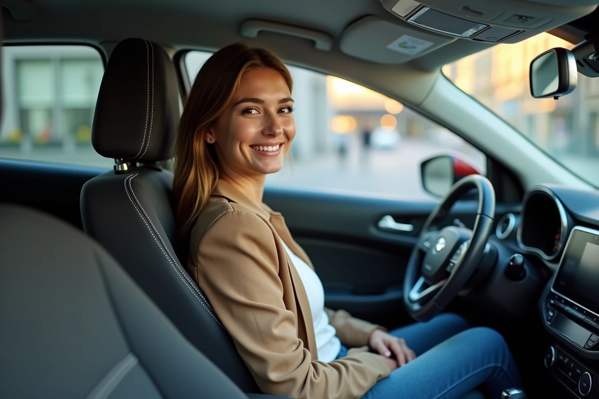 Jeune femme assise dans la voiture en ville avec sourire détendu