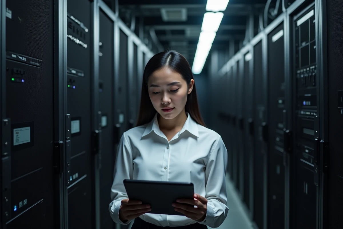 Jeune femme examinant un switch réseau dans un centre de données