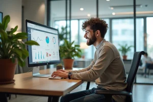 Jeune homme en bureau analysant des données sur un écran