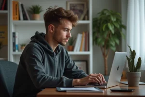 Jeune homme en casual utilisant son ordinateur portable