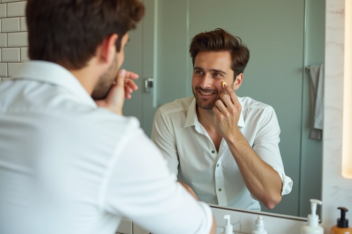 Jeune homme se maquillant devant un miroir de salle de bain moderne