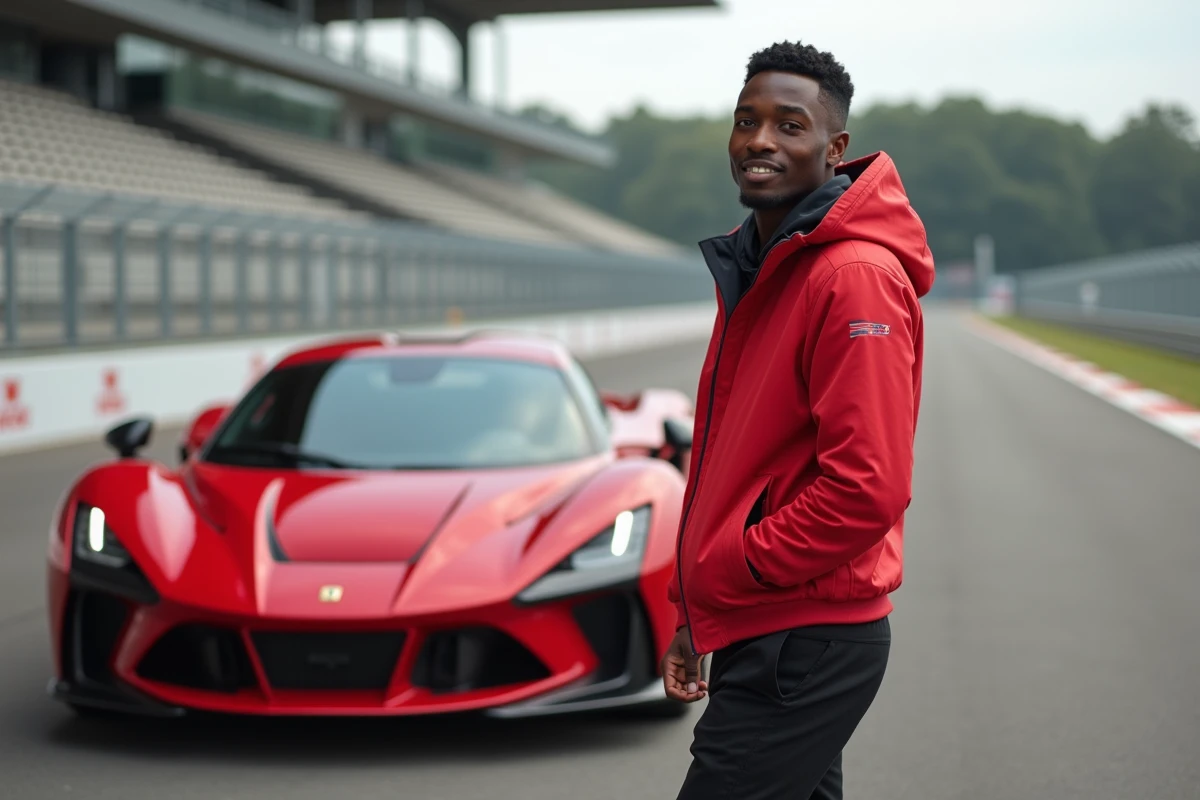 Jeune homme noir avec voiture de luxe rouge